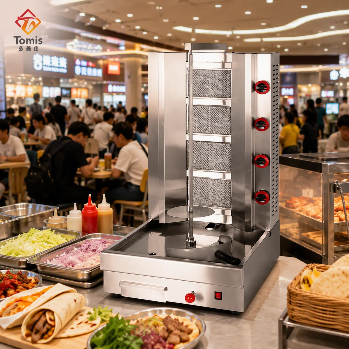 Stainless Steel Gas Shawarma Machine 4 Burner Commercial Doner Kebab Grill Vertical Meat Roaster LPG Natural Gas