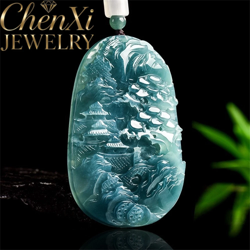 

High-End Natural Blue Water Jadeite Landscape Brand Pendant Luxury Quality Fashion Fine Jewelry Exquisite Elegant Popular Gift