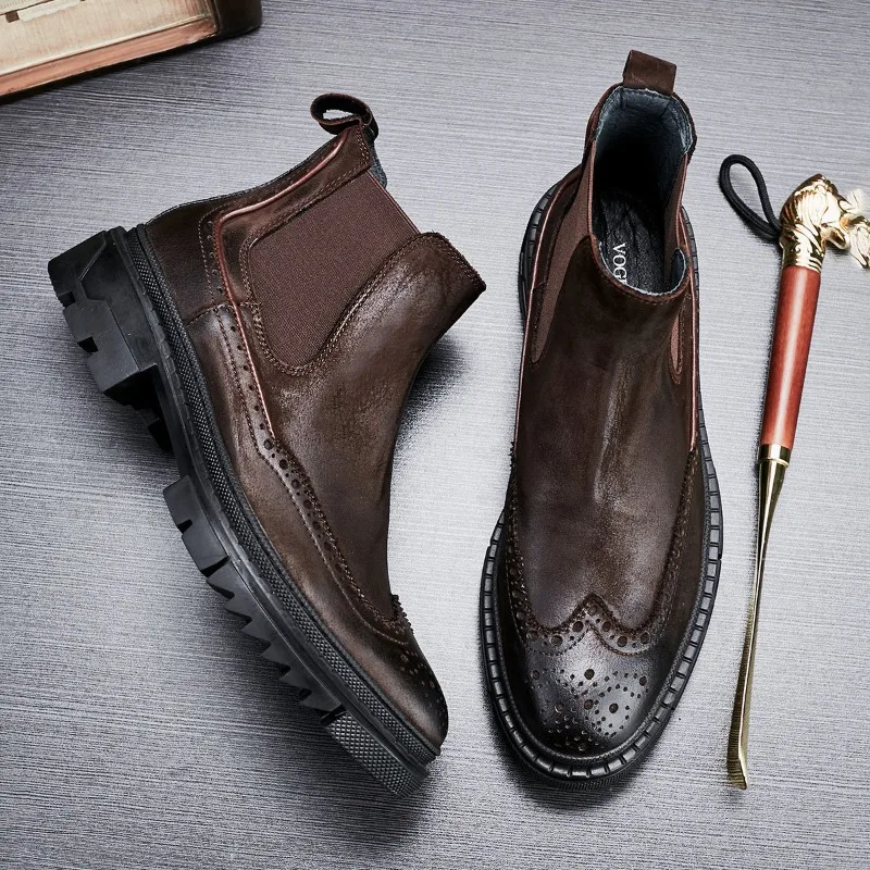 

Motorcycle Short Boots Leather Chelsea Brock Engraved Velvet Platform British Retro Men's Shoes