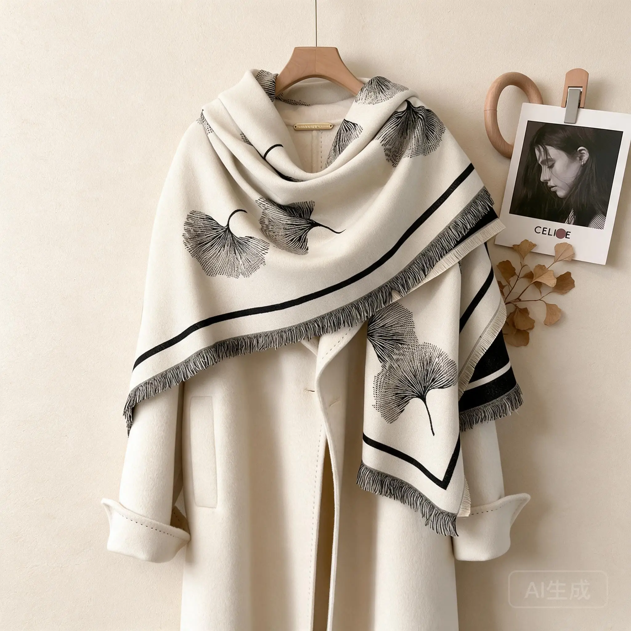 Womens Winter Ginkgo Leaf Print Thick Double Sided Faux Cashmere Warm Square Scarf Fashion Neck Shawl Outerwear Khaki Black Gray