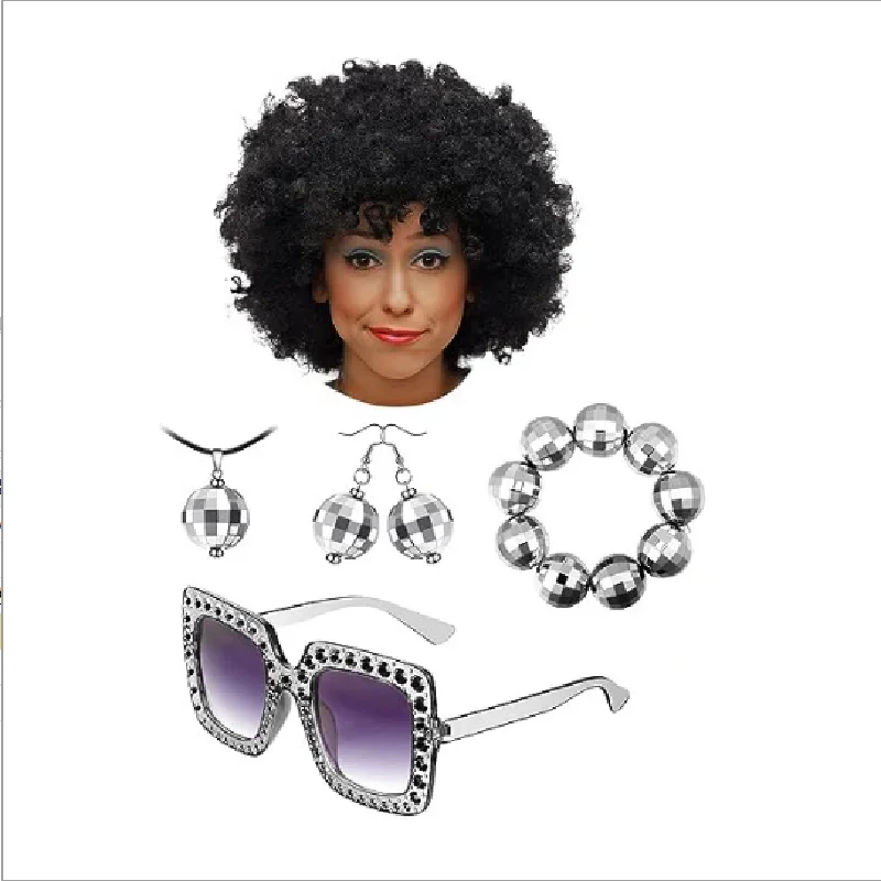 

PESENAR African Hairball Disco Costume Set with 6 Pieces for Women in 70s, Featuring Earrings, Necklace, Bracelet, Sunglasses