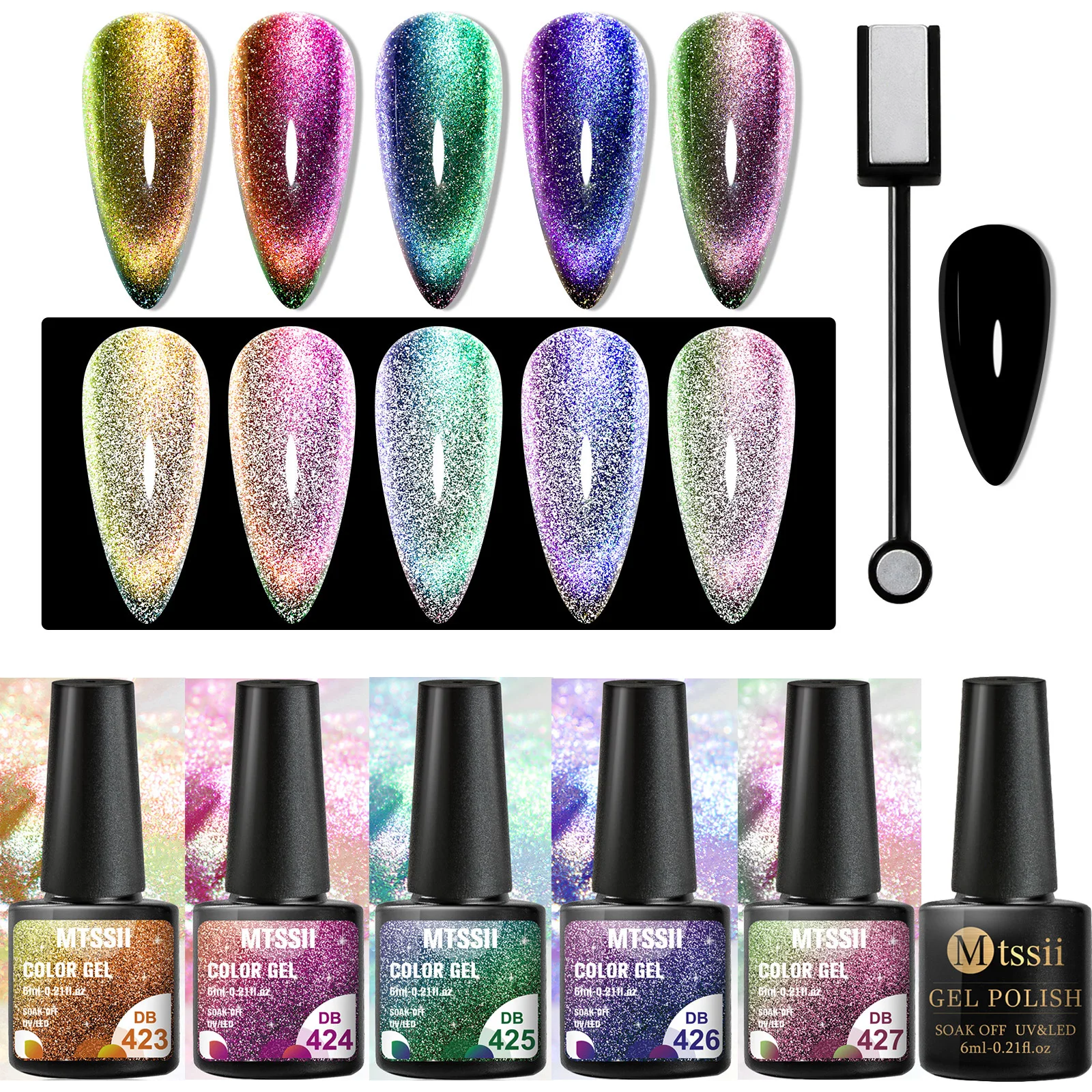 Mtssii Reflective Cat Eye Nail Gel Set Soak Off Shining Chameleon Lacquer Glitter Bright UV Gel Polish Magnetic Nail Art Varnish