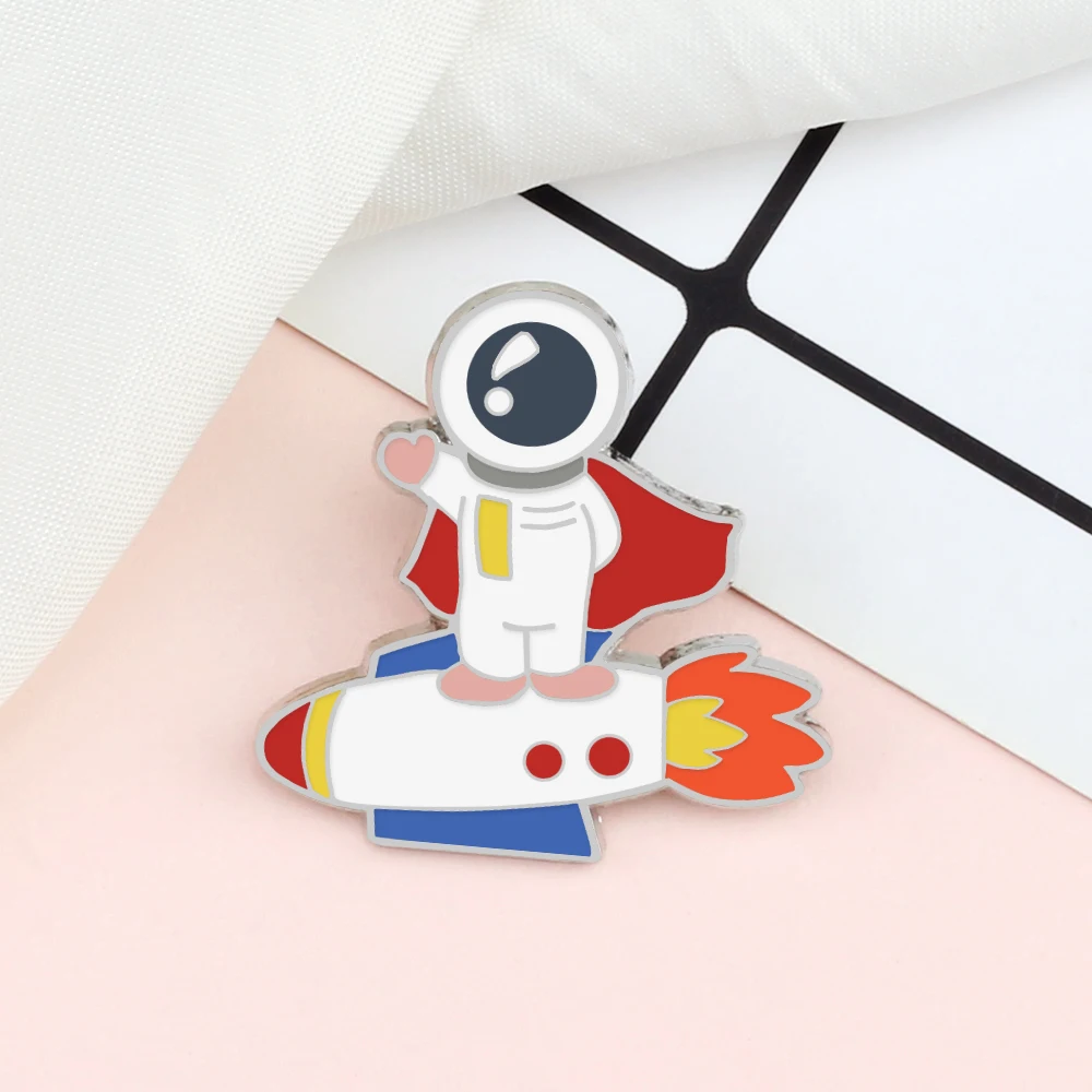 Custom Cute Collection Brooches Astronaut Spaceman Cosmonaut In Rocket Space Badges Enamel Lapel Pins For Men Woman Accessories