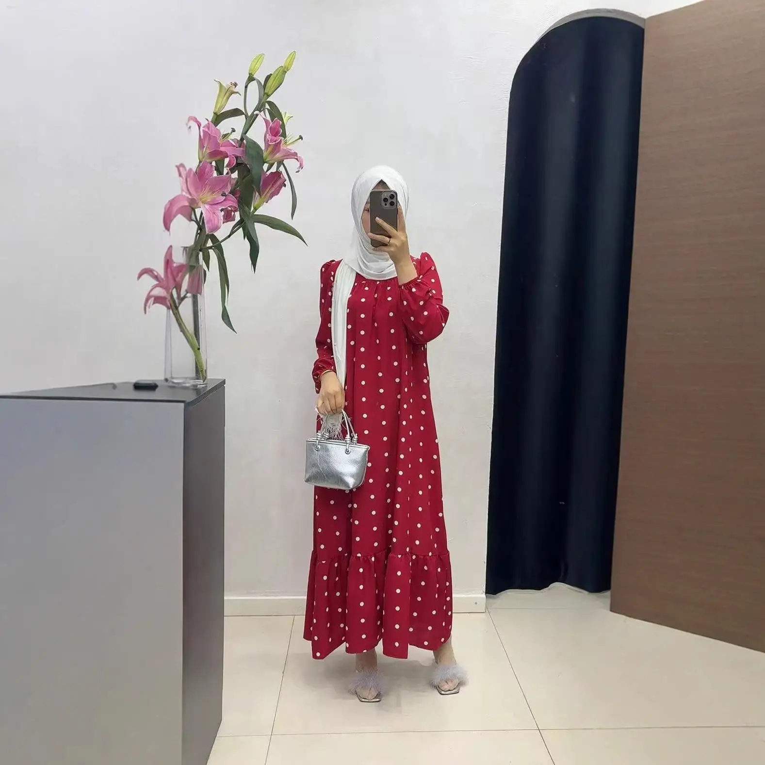 Polka Dot Bubble Sve round Ne Belted Muslim Sle Dr Women's Ethnic Faion Summer Dr No Brand Registered Trademark