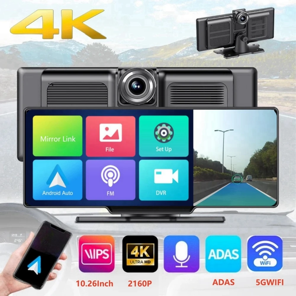 

10.26Inch Dash Cam 4K 2160P Rearview Camera Carplay & Android Auto GPS Navigation with Voice Control Car DVR BT FM Monitor