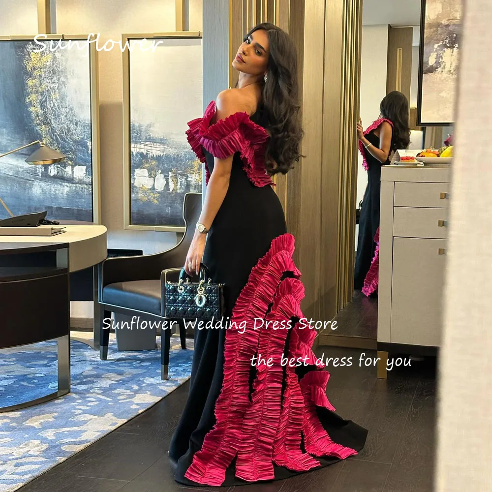 Sunflower Simple Fuchsia Satin Off The Shoulder 2024 Slim Black Crepe Ocassion Gown Floor-Length Formal Evening Dress