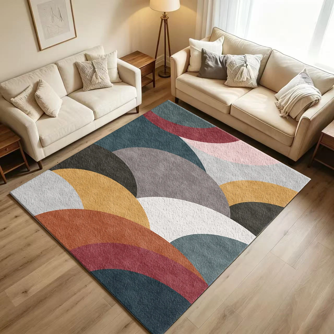 Mid Century Abstract Curve Circle Carpet Flooring Retro Earth Tone Overlapping Arc Shape Printed Floor Rug for Household Indoor Home Interior Ornament