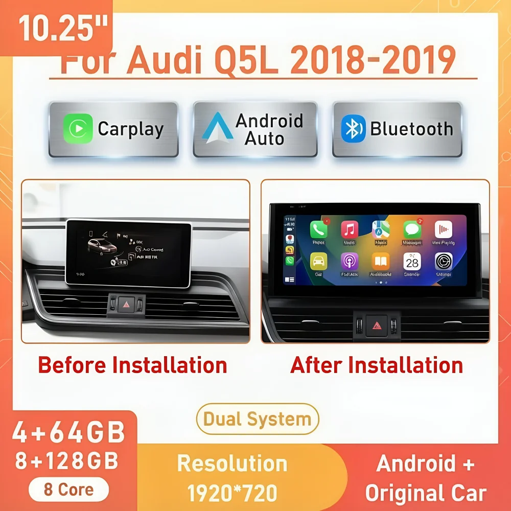 Dual System GPS Navigation Bluetooth Multimedia Player，10.25 Inch Carplay Android Auto Car Stereo for Audi Q5L 2018 2019