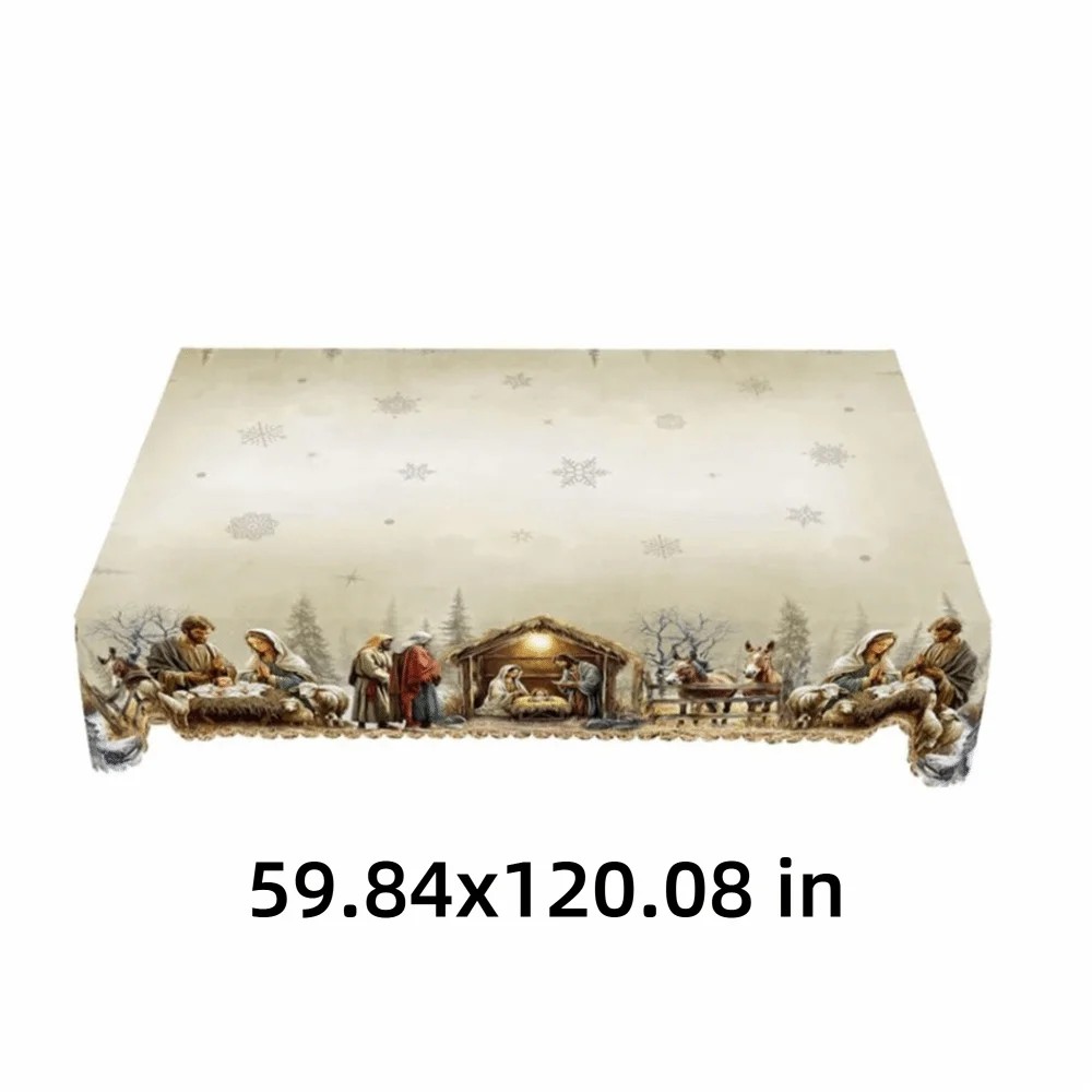 Round/Rectangular Christmas Nativity Scene Tablecloth Snowflake Snow Forest Printed Retro Religious Tablecloth Non-slip
