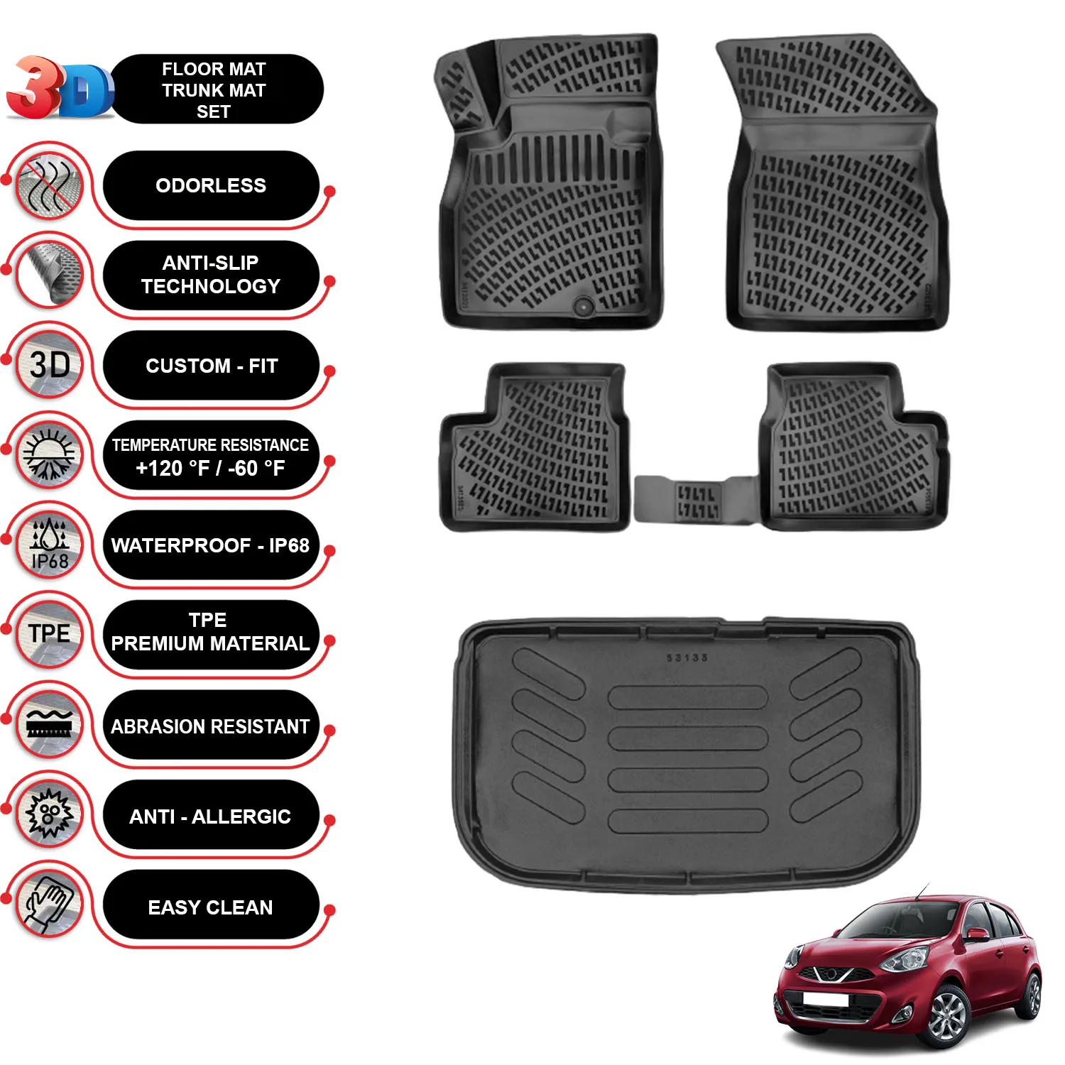 Nissan March Micra - (2016-2019) - Floor Mats + Cargo Trunk Liner - SET - (Black)