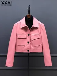 Asymmetric Pocket Design Women Genuine Leather Short Coat Single Breasted Casual Lapel High Waist Sheepskin Motorcycle Jackets