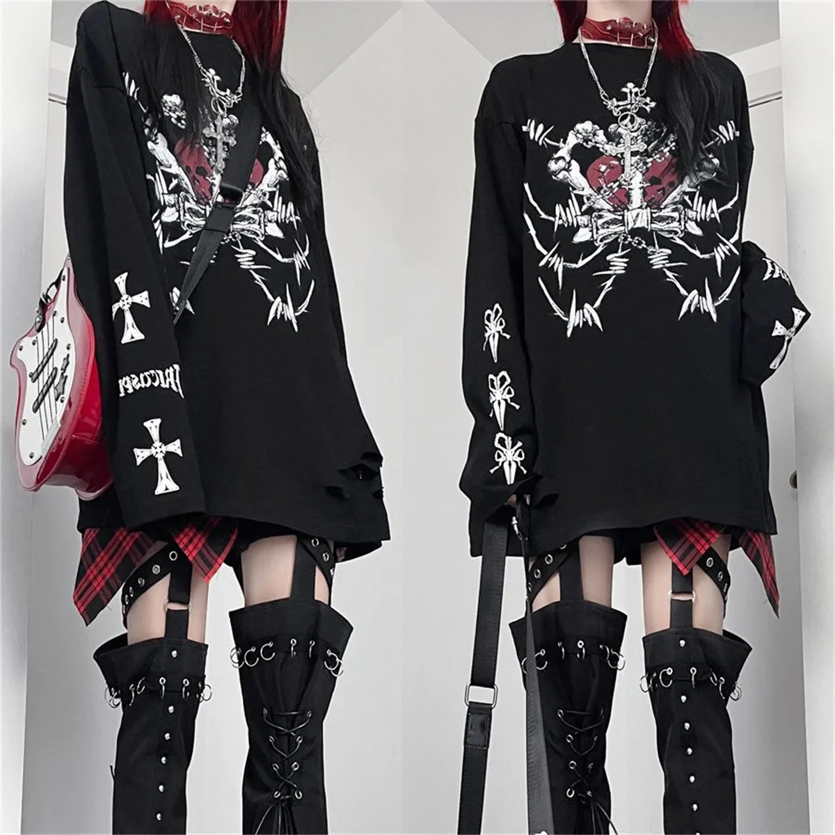 Cute Asian Trendy Brand Skull Print Subculture Dark Punk Top 2026 Early Autumn Women New Loose Y2k Style Long Sleeve T-shirt