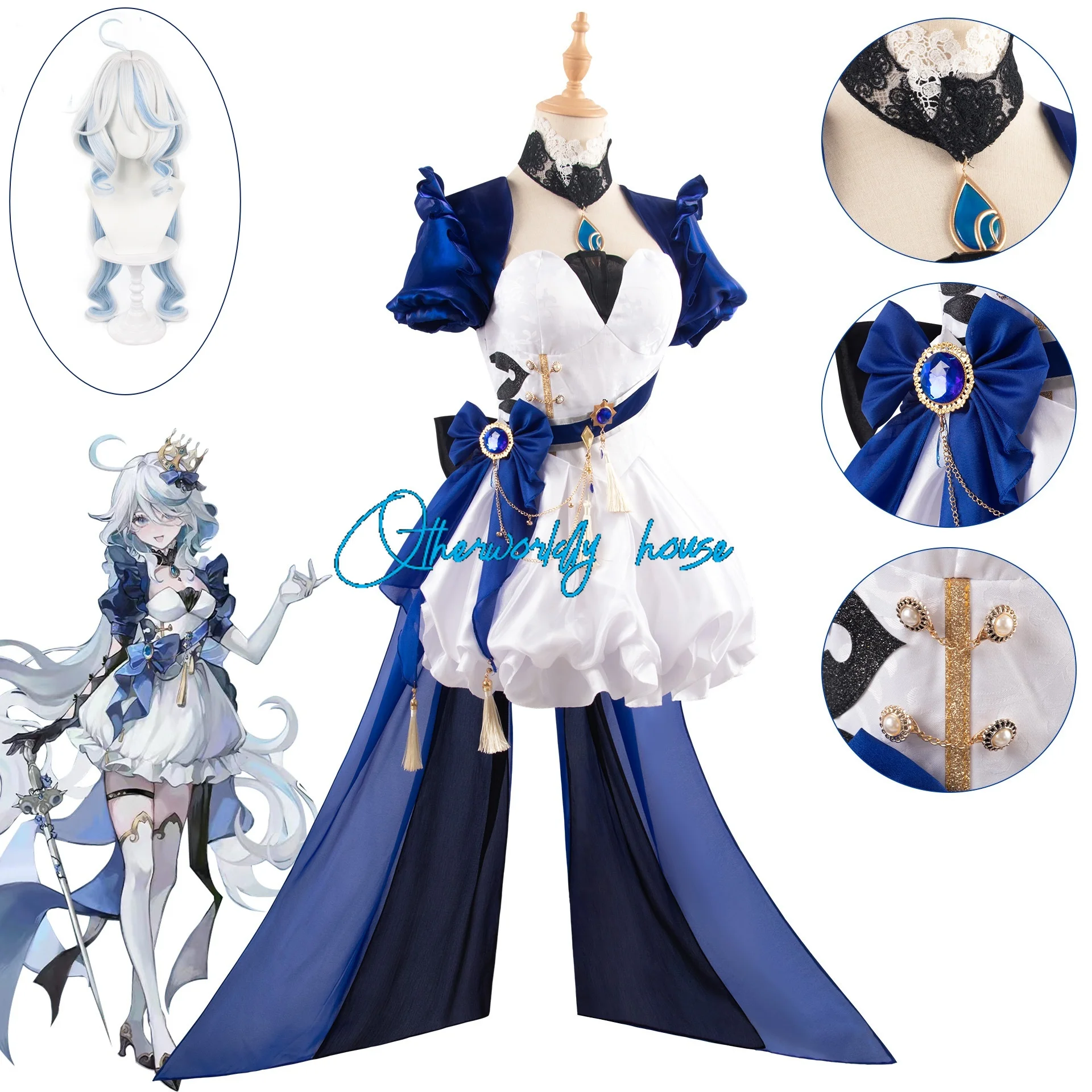 Genshin-Robe de Jeu Imbibée pour Femme, Costume Cosplay, ixd'Halloween, Tenue de Jeu Py, Impact, Furina, Aigue-Marine, Alice Doujin, Magnifique