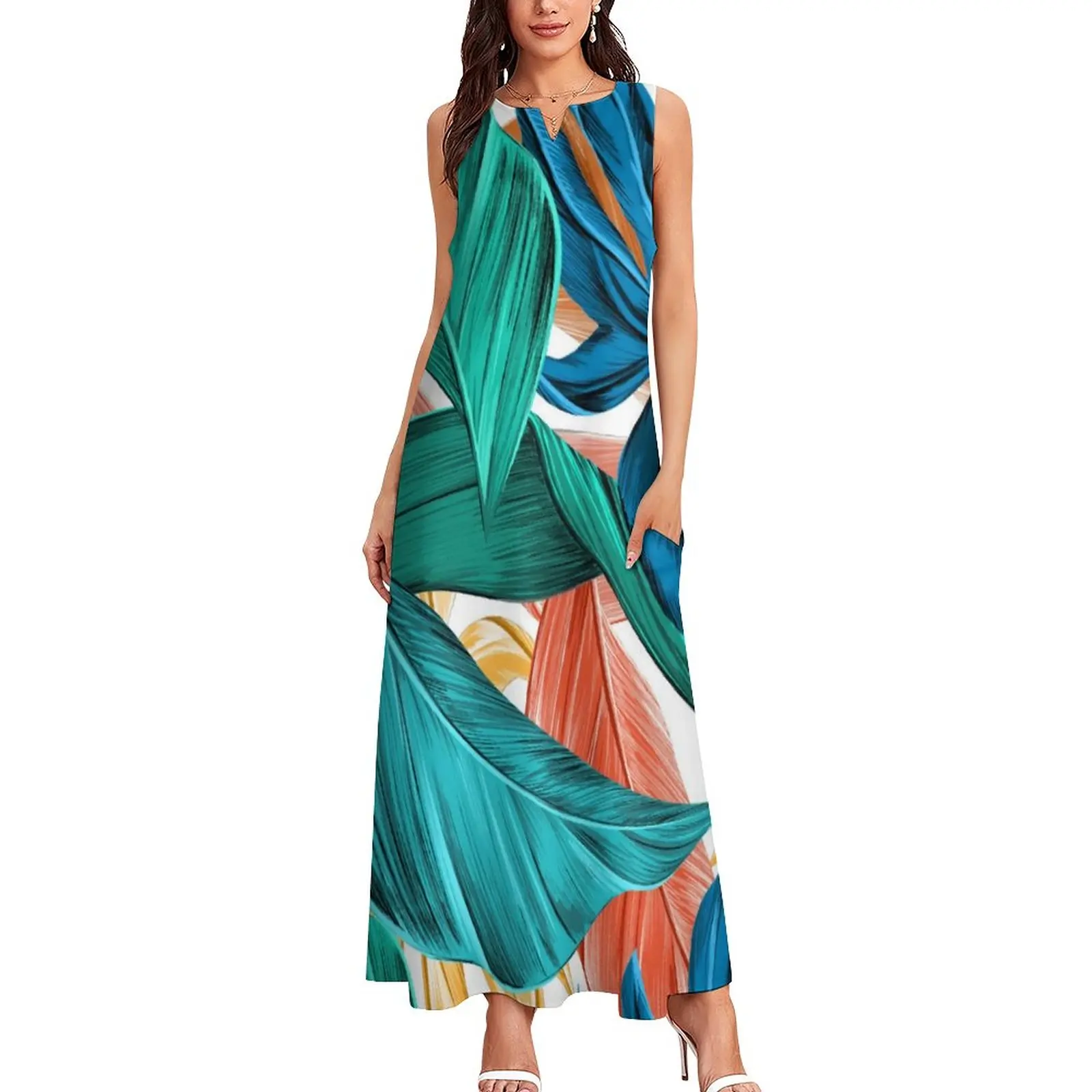 Tropical Leaves Dress Green And Blue Vintage Maxi Dress V Neck Pattern Boho Beach Long Dresses Aesthetic Oversized Clothes