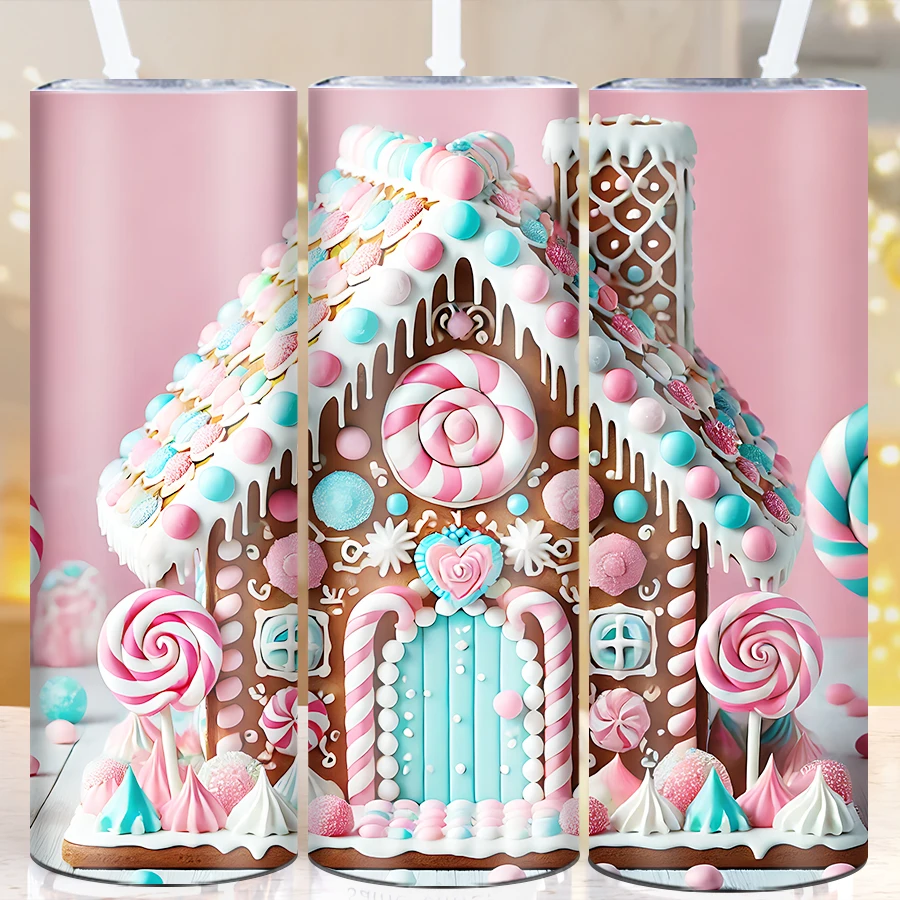 1Pc 3D Print Candy House Water Bottle Straw Lid Stainless Steel Double Wall Coffee Cups Christmas Party Supplies Birthday Gifts