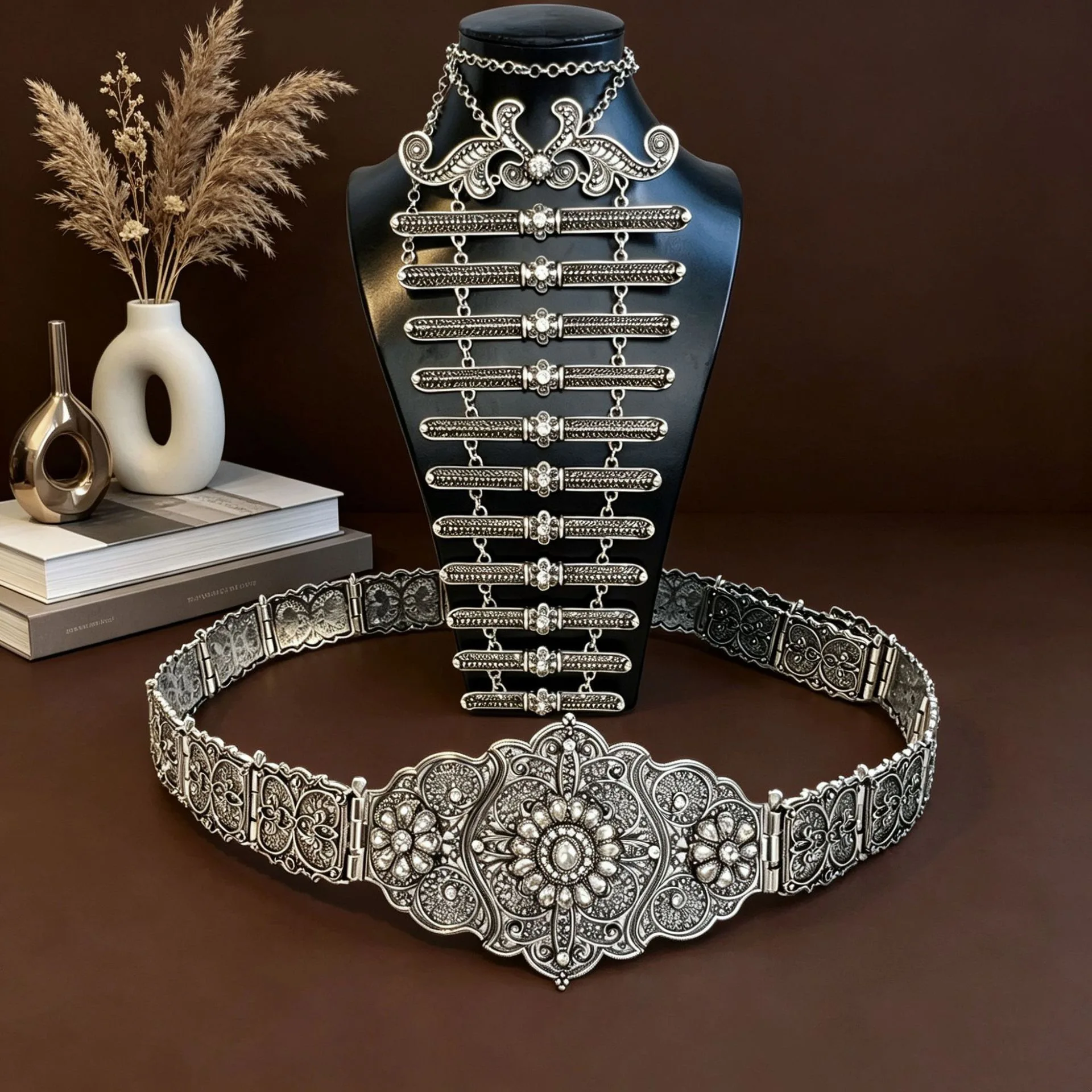 Vintage Ingush Caucasian Women Belt Breastplate Jewelry Set Traditional Central Asian Wedding Bride Necklace Metal Belt