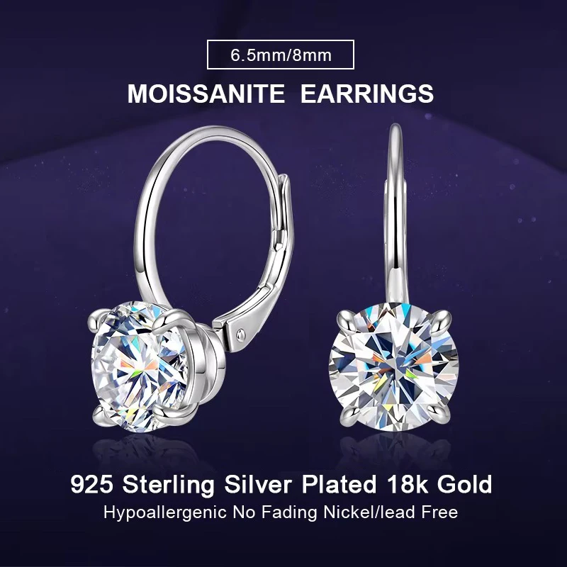 IOGOU 6.5mm/8mm 1CT 2CT Round Moissanite Solitaire Diamond Clip Earrings 925 Sterling Silver for Women Engagement Fine Jewelry