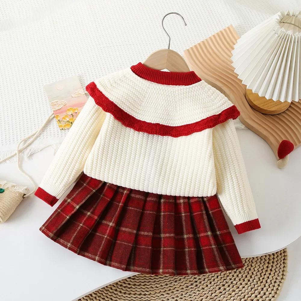 Girls\' Knitted Two-piece Set Flower Golilla Knitting Cardigan+tartan Skirt  Baby Girl Winter Clothes  Kids   Knitted Sweater