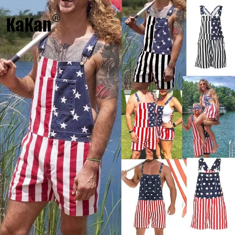 Kakan-Europe and The United States Summer New Suspenders Jeans, American Independence Day Flag Back Pants K34-111