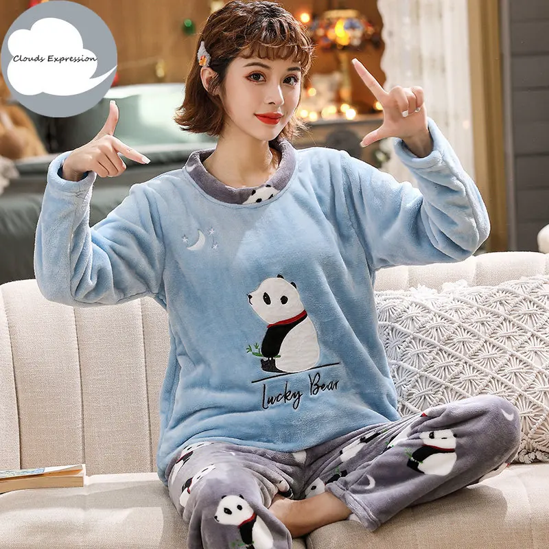 Winter Warm PJ Flannel Women Sleepwear Pajamas Girls Cartoon Print Pajama Set Pullover Coral Fleece Pijamas Mujer Home Suits 3XL