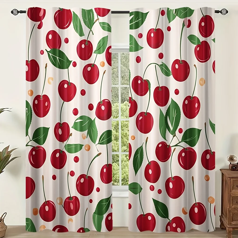 Cartoon Red Cherry Curtains, Fresh Fruit Leaf Dot Pattern White Drapes for Bedroom Kitchen Living Room Farmhouse Home Decor