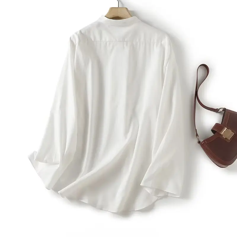 Jenny&Dave Fashion Elegant Ladies Summer Shirt Women Loose Japanese Style Simple Stand Collar Cotton Linen Casual Blouse