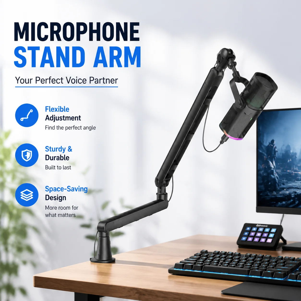 Microphone Stand Arm Desk Mount, Adjustable Foldable Aluminum Alloy Mic Holder for Live Streaming, Podcasting, Gaming,