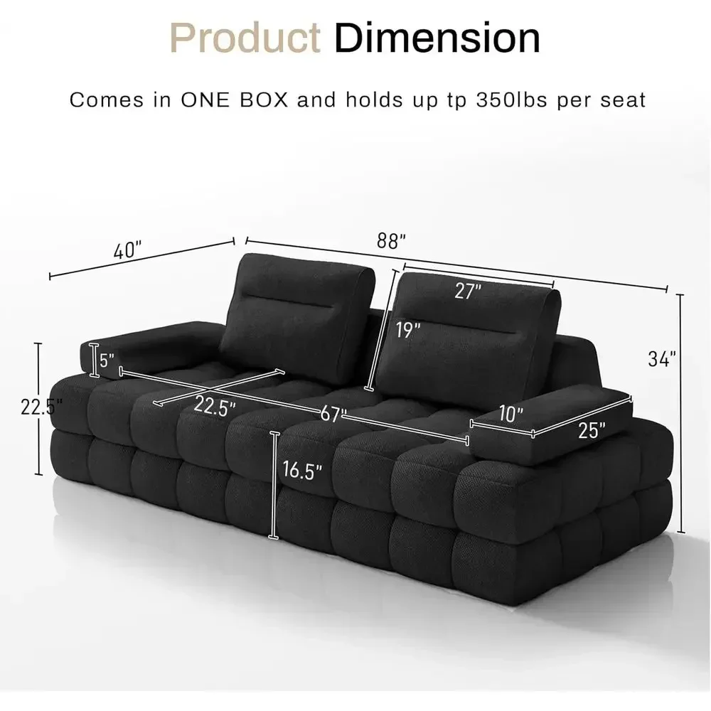 Convertible Chenille Sofa with Memory Foam, Removable Armrests & Backrests, Deep Seating, Comfortable Living Room Couch, Black