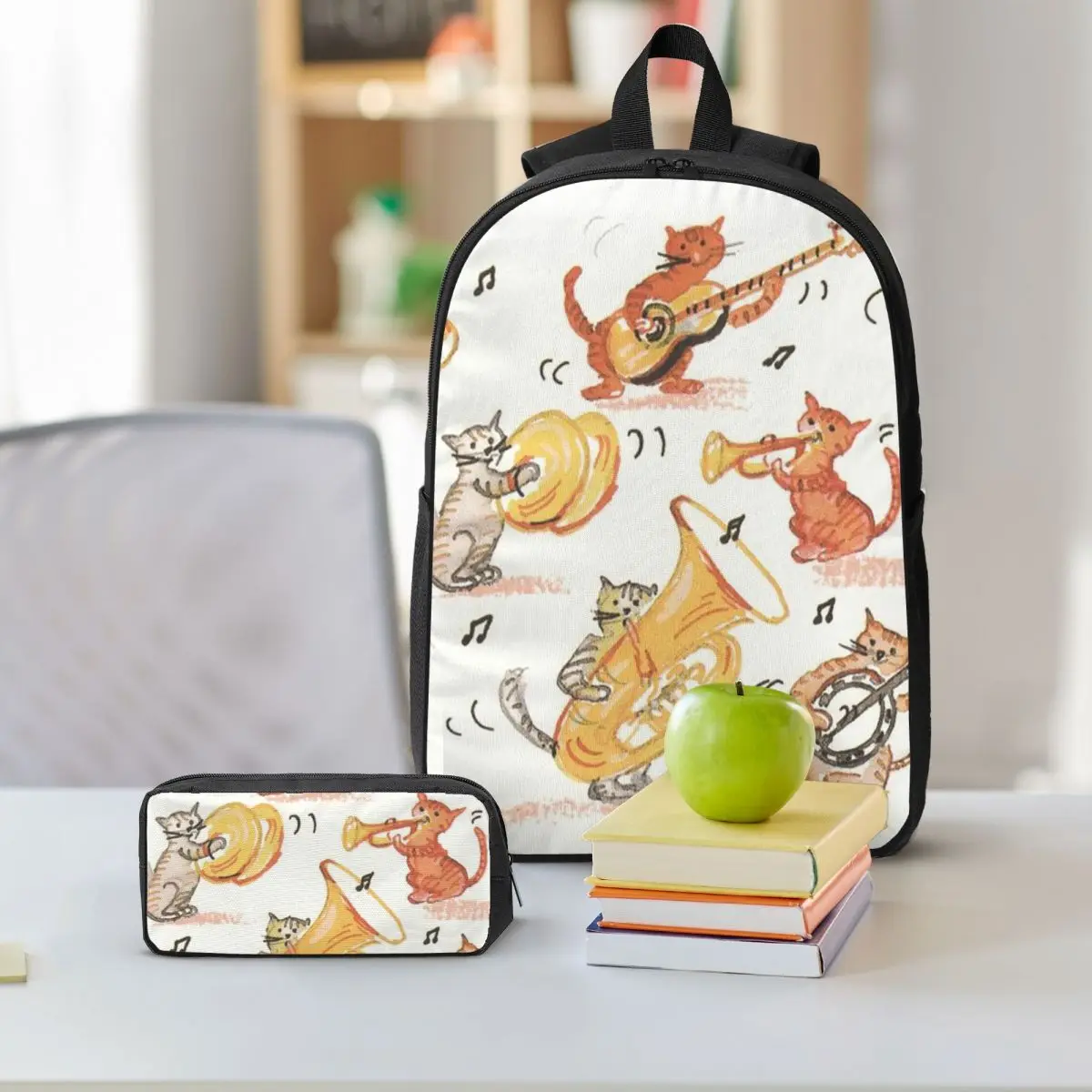 Cat Orchestra Kitten And Music Design Backpack Boys Girls BookBag School Bag Shoulder Bags 3ps Insulated Lunch Bag Pencil Case
