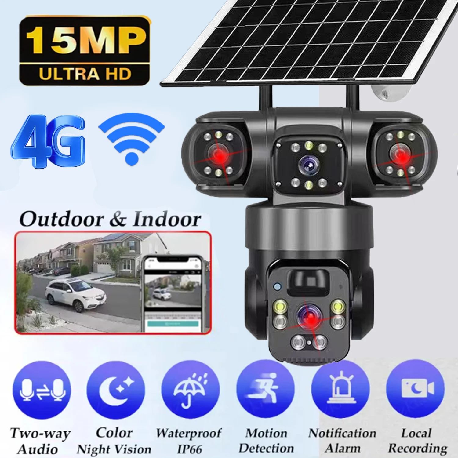 

4G Solar Camera Outdoor 15MP 6K Triple Lens Triple Screen Security Video Monitor Night Vision Waterproof CCTV Camera