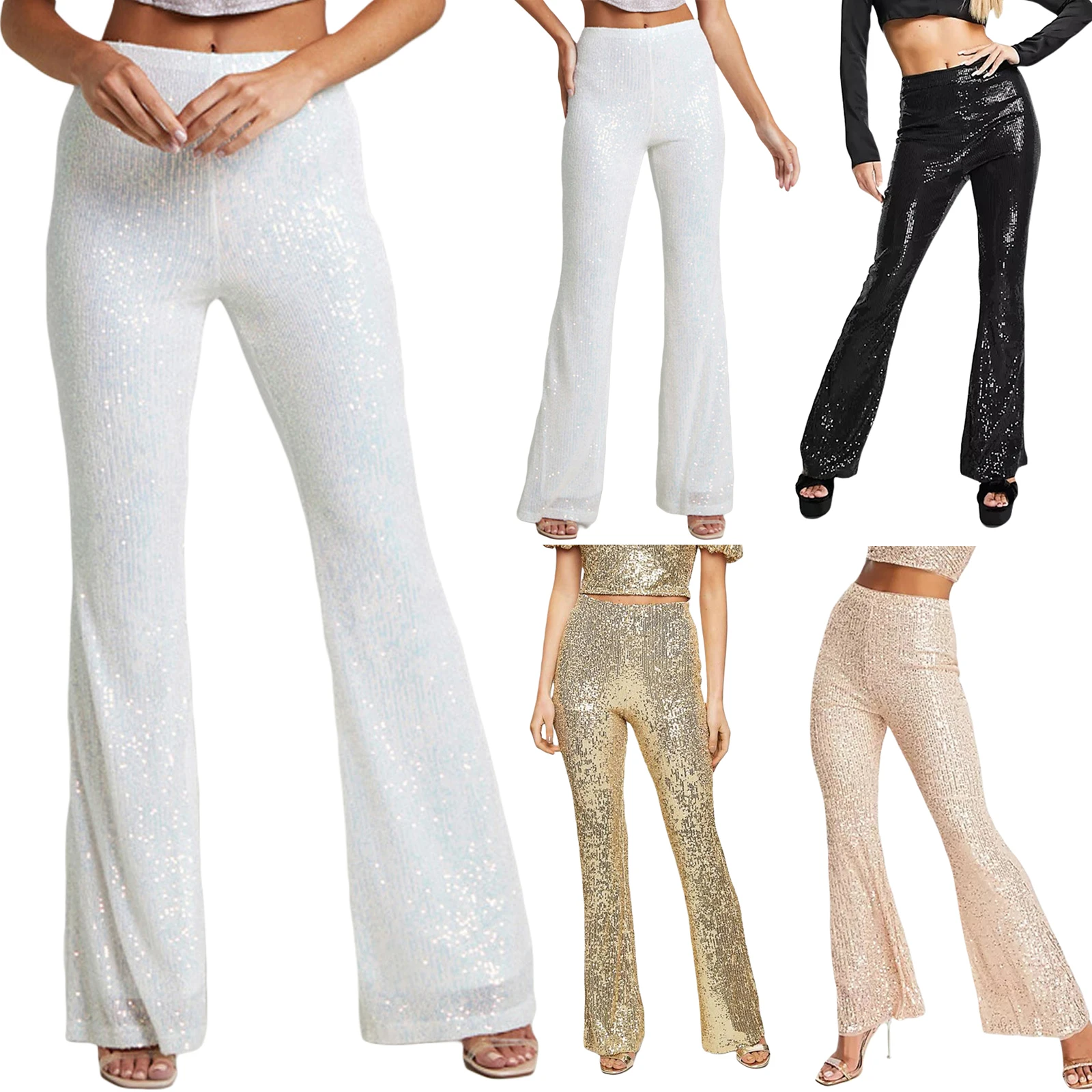 

Women´s Spring Autumn Slim Flared Pants High Waist Elastic Band Sequins Bell-bottom Pants