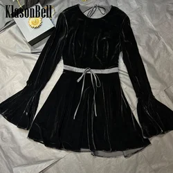 8.17 KlasonBell Women's Silk Velvet Sexy Backless Dress Elegant Flare Long Sleeve Lace-up Collect Waist Party Mini Dress