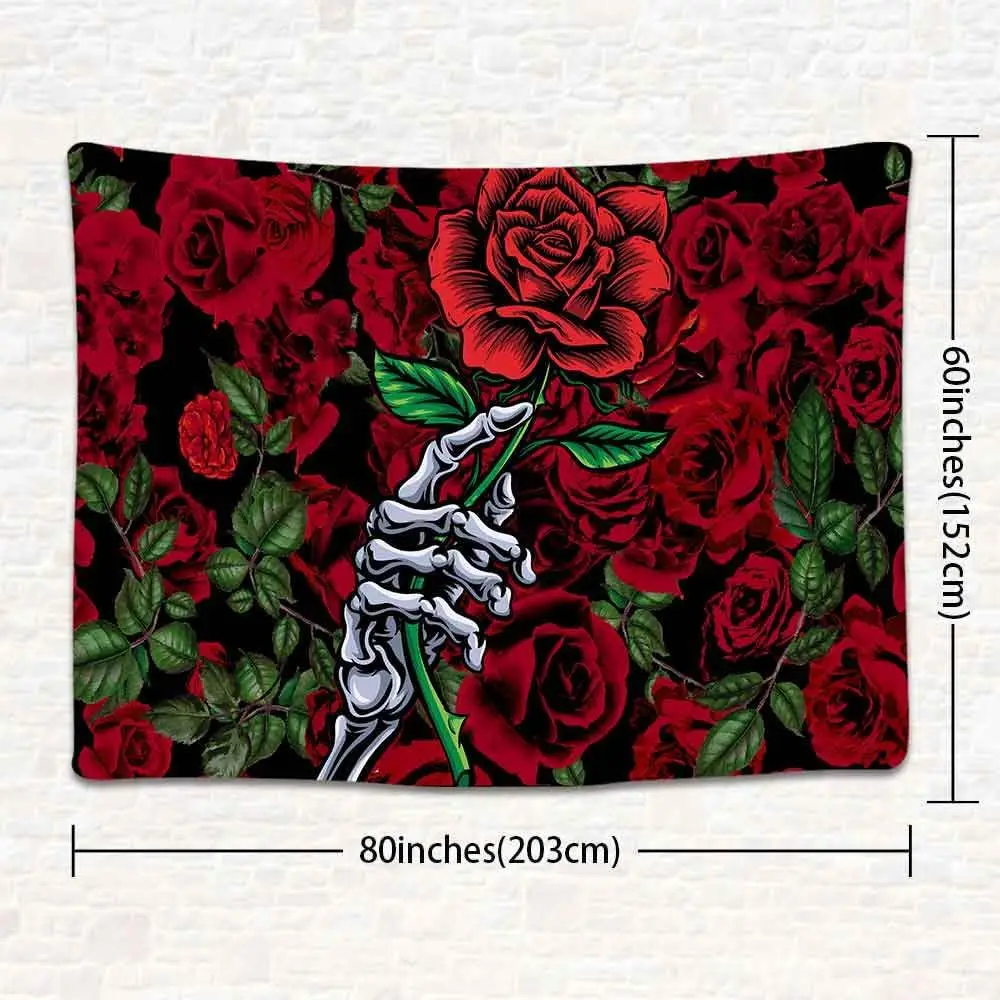 Gothic Rose Skeleton Hand Tapestry, Red Black Floral Skull Print Wall Hanging for Bedroom Living Room Dorm Apartment Decor