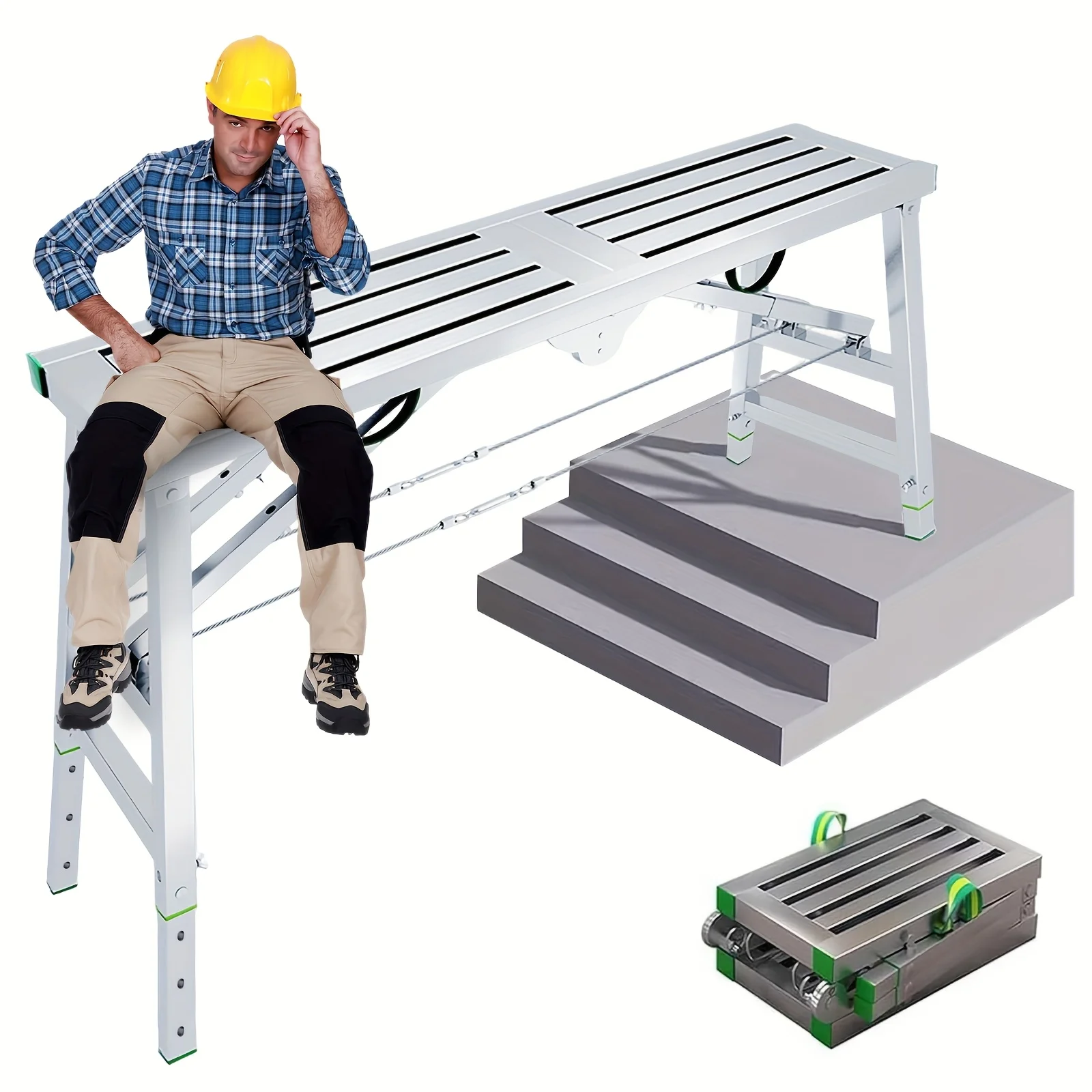 15.75'' Width Work Platform Steel Folding Step Ladder Thicken Scaffolding Portable Stage Adjustable Height Work Drywall Bench Heavy Duty Equipment Max Load 1102Lbs for RV Cleaning High Painting Walls Decorating Cleaning Car Washing'