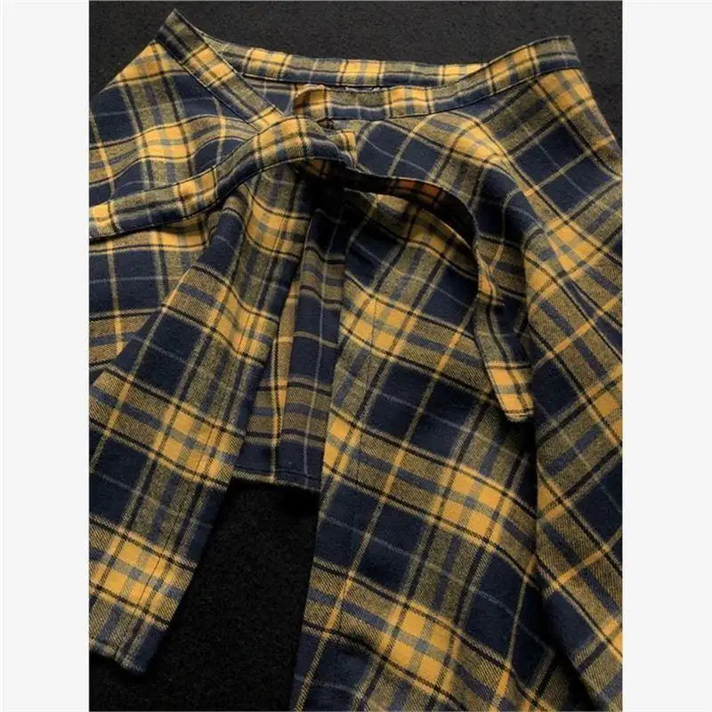 กระโปรงลายสก็อตสีเหลืองสไตล์เกาหลีสำหรับฤดูร้อน กระโปรงคลุมสะโพกแบบมีเข็มขัดสำหรับผู้หญิง ป้องกันแสงแดด เหมาะสำหรับเต้นรำและใช้เป็นผ้าคลุมก้น