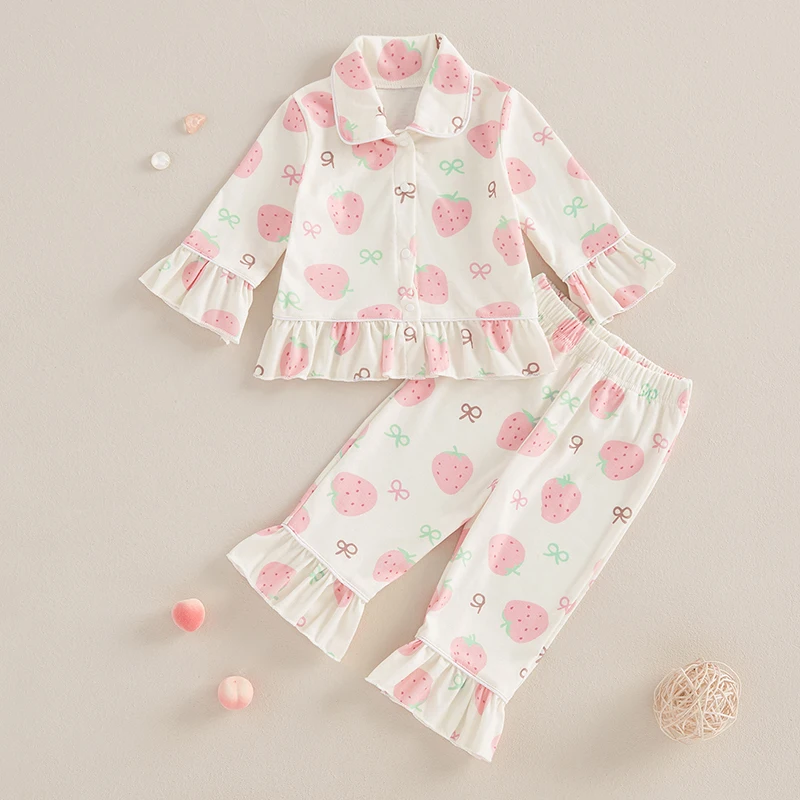 

Baby Girl Pajama Set Strawberry/Butterfly Print Long Sleeve Tops + Long Pants 2 Pieces Set Toddler Loungewear