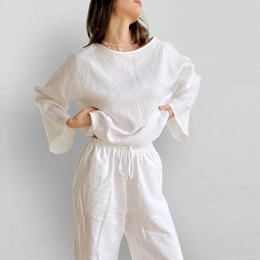 Autumn New White 100% Cotton Pyjama Long-sleeved Trousers Sets For Women\'s Home Clothes Sleepwear Women\'s Pajamas Nightwear