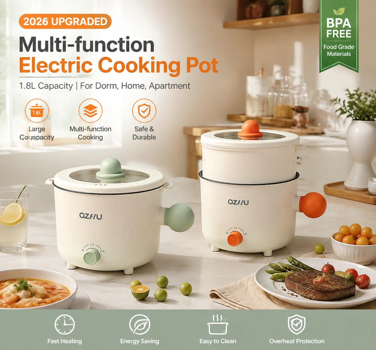 2026 New Upgrade 1.8l Multi-function Electric Cooker 600w Double-layer Rice Cooker Household Smart Hot Pot Wok Non-stick Rice