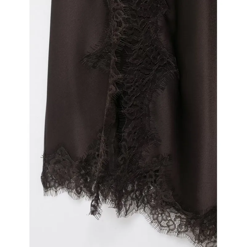 Sukienka damska wiosenna satynowa z koronką, seksowna, z odkrytymi plecami, cienkie ramiączka, asymetryczny dół, boczny zamek, elegancka, szykowna sukienka midi.