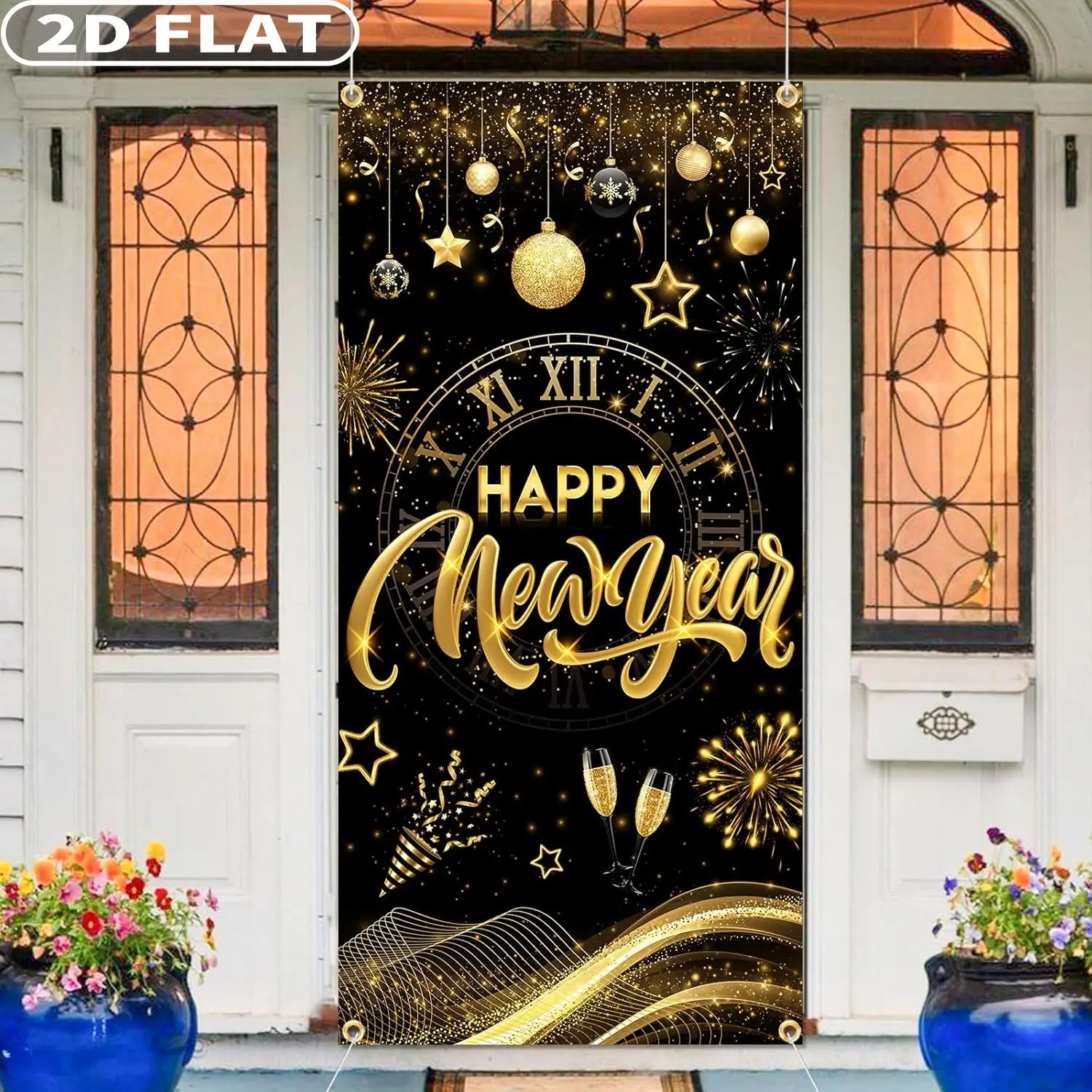 

1 Count New Year's Party Banner Decor, 2026 Door Cover Festive Backdrops & Banners- 3x6 FT Black And Gold Happy New Year Banner