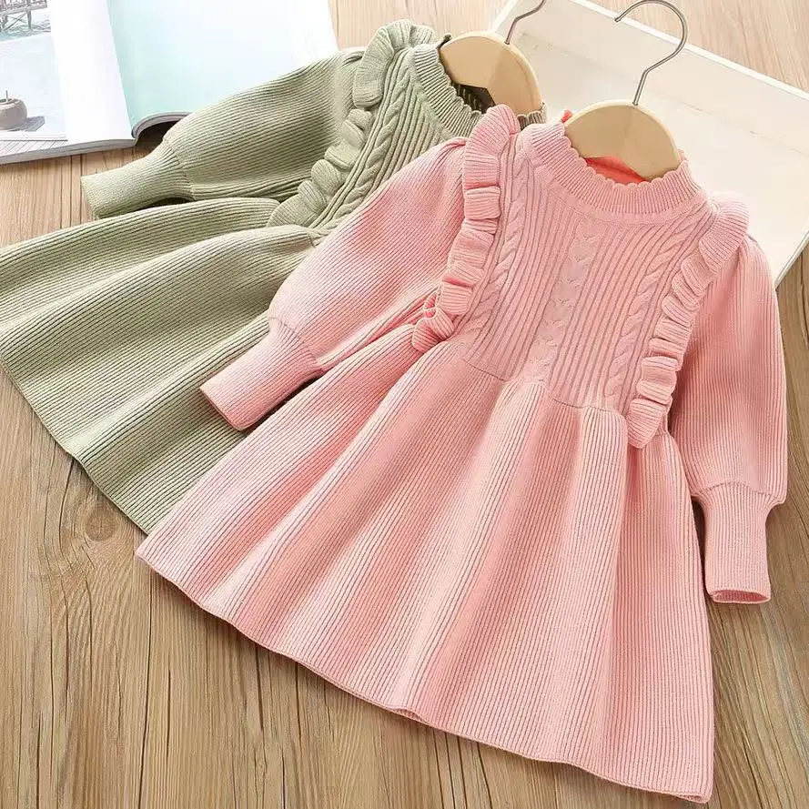 

Girls' Autumn and Winter Dress Knitted Sweater Thickened 2025 New High-end Children's Ruffled Solid Color Skirt