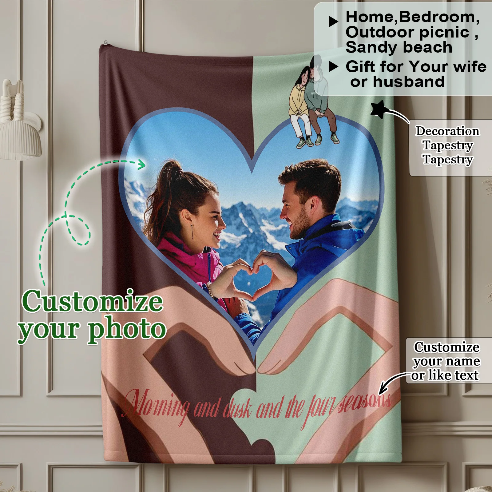 

Color Block Snow Mountain Love Couple Blankets Custom Photo Text or Name Customize Anniversary Holiday Gift for Your Girlfriend