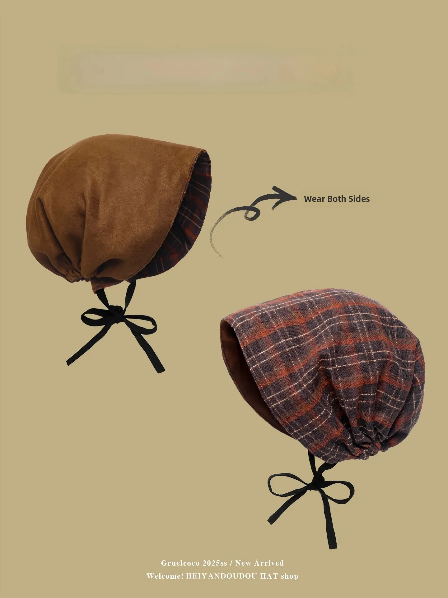 Retro Grid Thin Women's Spring Autumn Off-Shoulder Capsule Hat Loose Cold Weather Overhead Fashionable Headwear Casual No-Brim