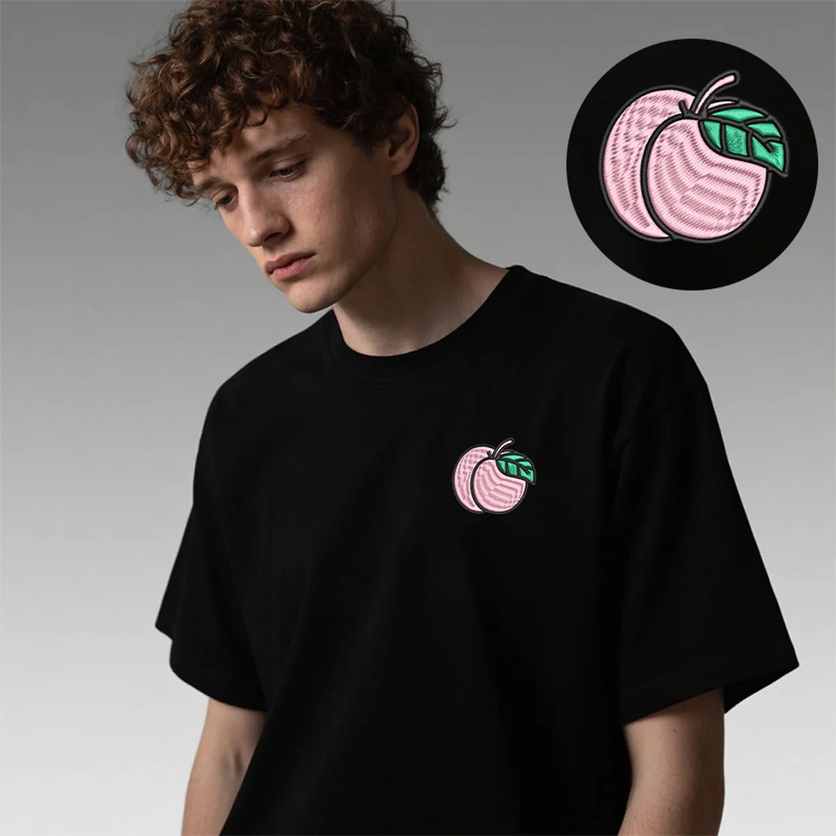 

Fruity Men Women T-Shirt Y2K Embroidery Vibe Luxury Cotton Top Tees Smooth Embroideried Peach Art Daily Wear Cool T-Shirts