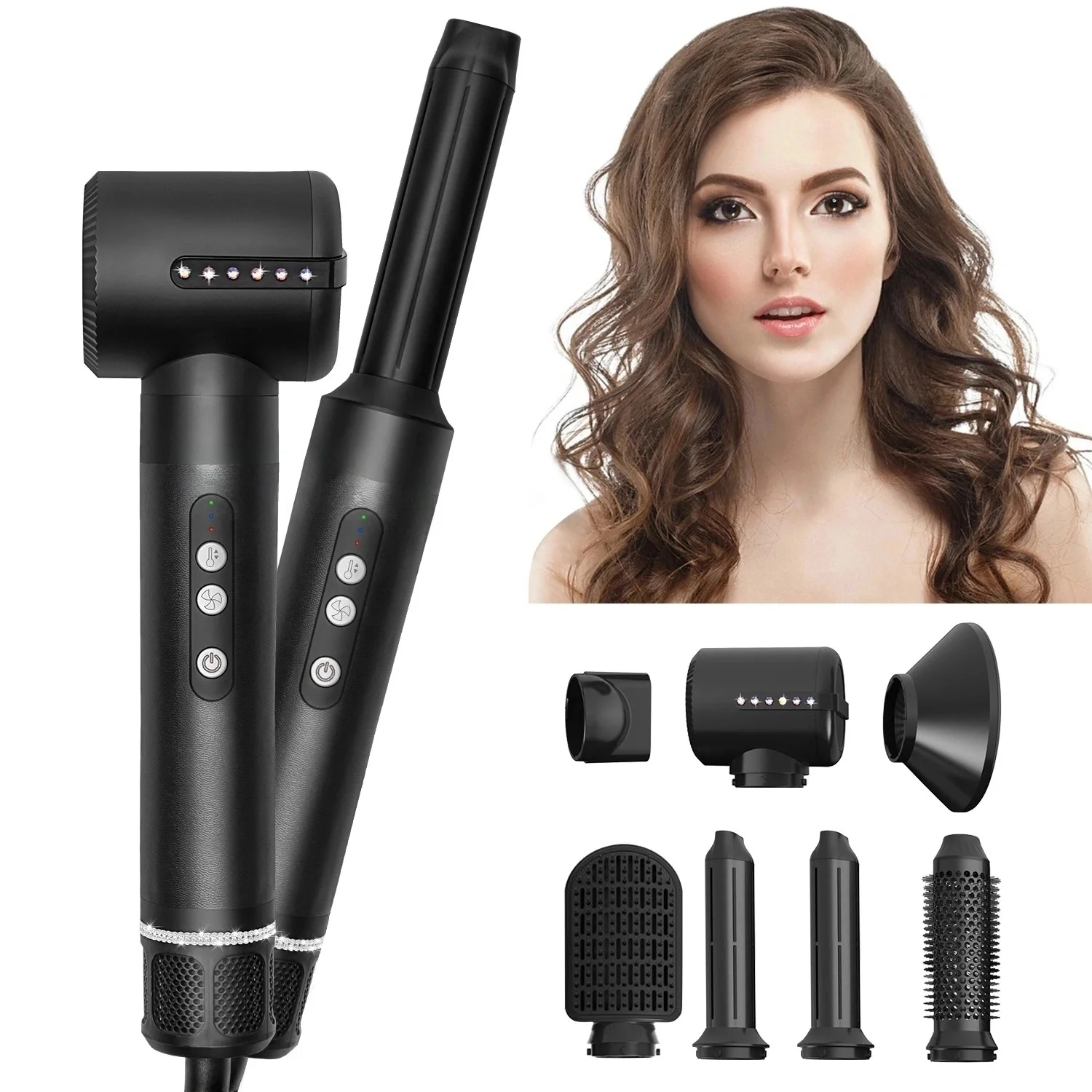 7-in-1 Powerful Auto Wrap Hair Dryer 1400W Straightener Hot Brush Hot Comb Set Multi-Styler Professional Curling Iron