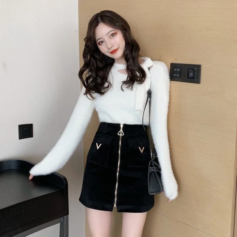 Women High Waist Tweed Front Zip Slim Skirt Women Fall Winter All-Match Sexy A Line Mini Skirt Female New Korean Bottom Skirt