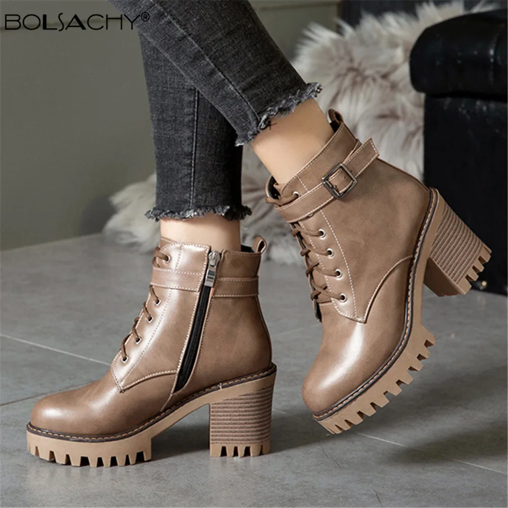 Boats-Botines de tacón alto con cordones para Mujer, botas de cuero Artificial con plataforma y hebilla, Zapatos de invierno, novedad de 2024