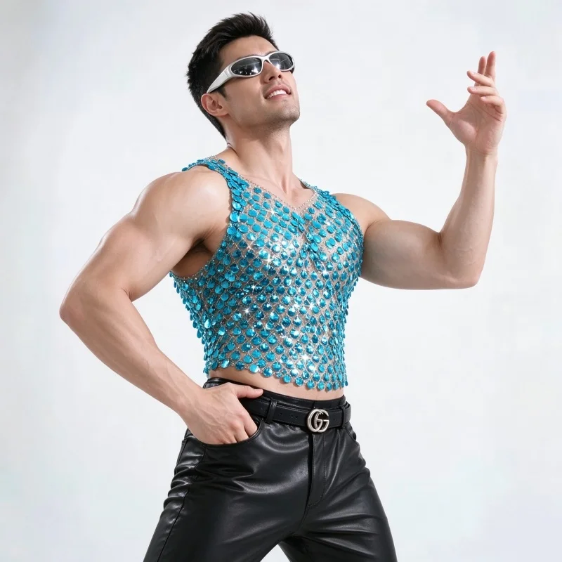 Unisex Glitter Mesh Sequins Shell Tank Top See-through Vest Red/Black for Music Festival Nightclub Party Disco Stage Costume