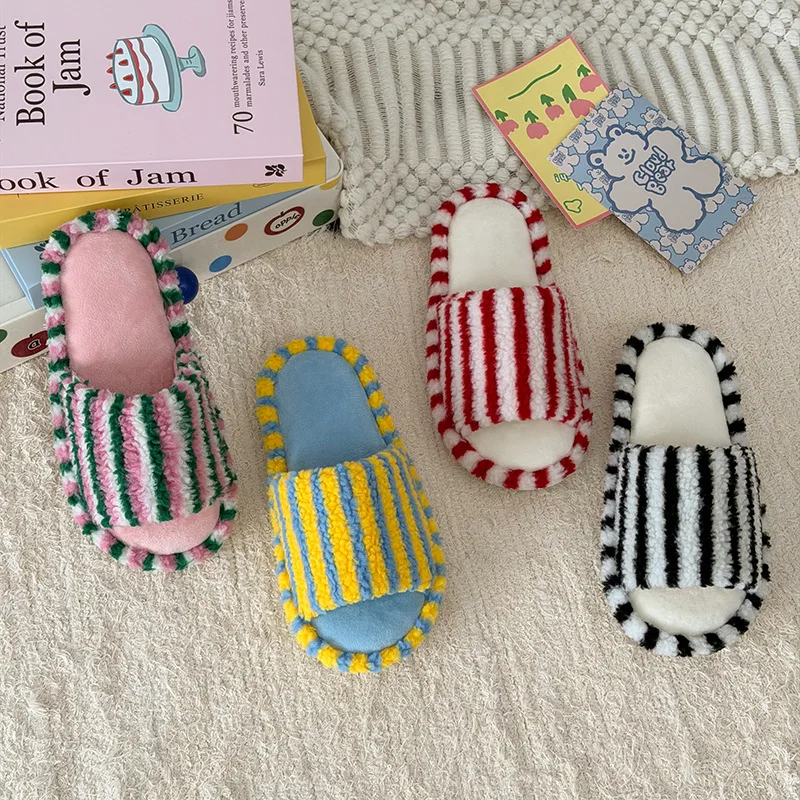 Color Blocking Striped Cotton Slippers for Winter New Personalized Warm Plush Women's Shoes Comfortable Home Opening Slippers
