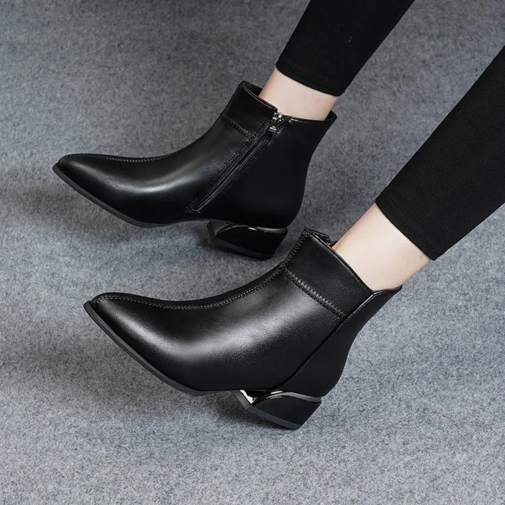 2026 Neue Damenstiefel Mode Lässige Lederstiefel Spitze Formelle Büroschuhe für Frauen Reißverschluss-Knöchelstiefel – Detail 14